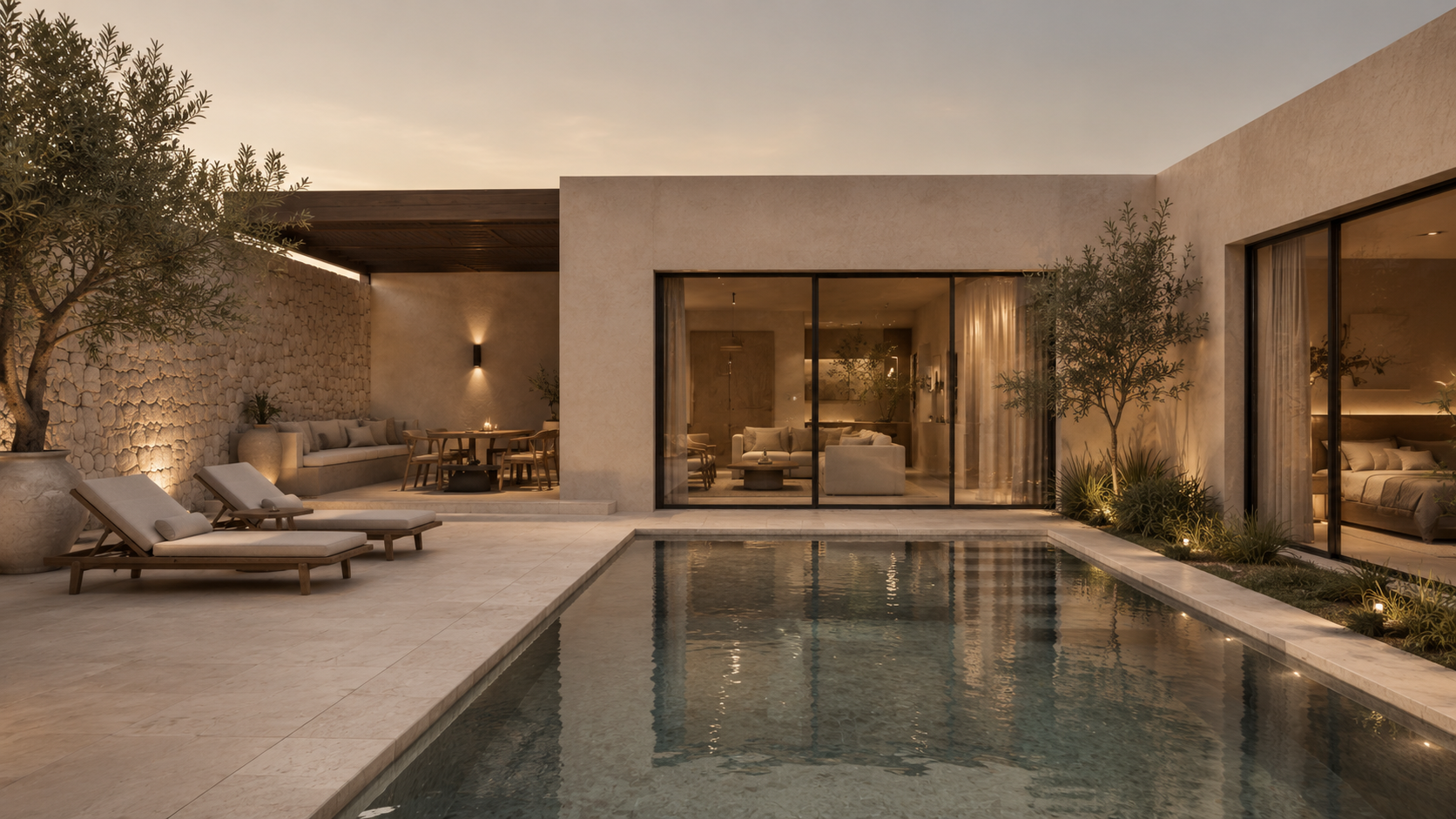 Patio exterior con piscina al atardecer